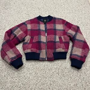 House of Harlow Plaid Wool Blend Quilted Bomber Jacket Sz XS Pink Feminine
